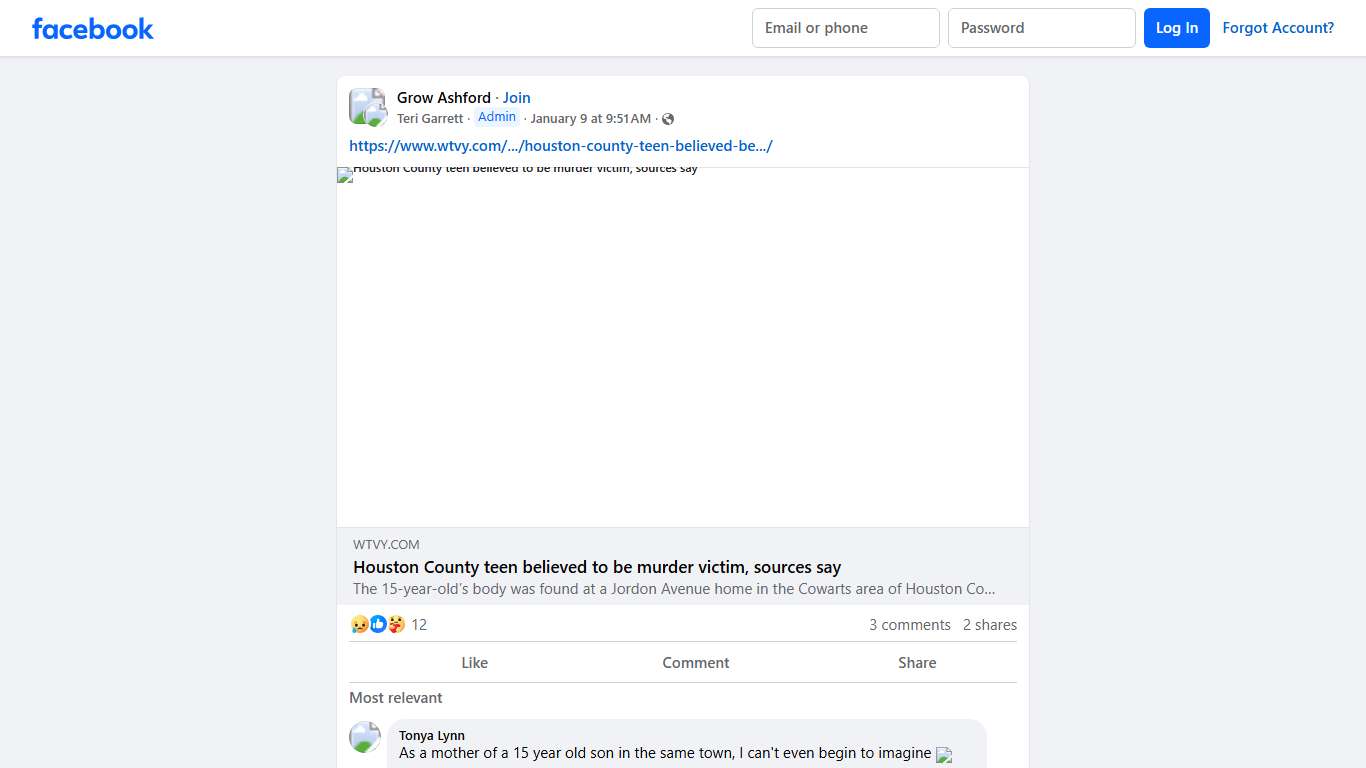 Grow Ashford https://www.wtvy.com/2026/01/09/houston-county-teen-believed-be-murder-victim-sources-say/ Facebook